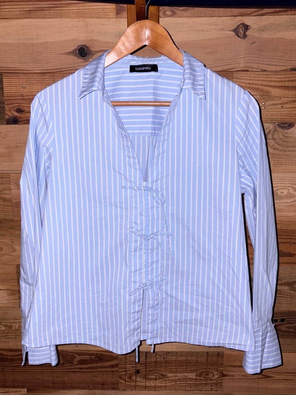Tintoretto Women’s Light Blue Striped Dress Shirt with Tie-Front Detail